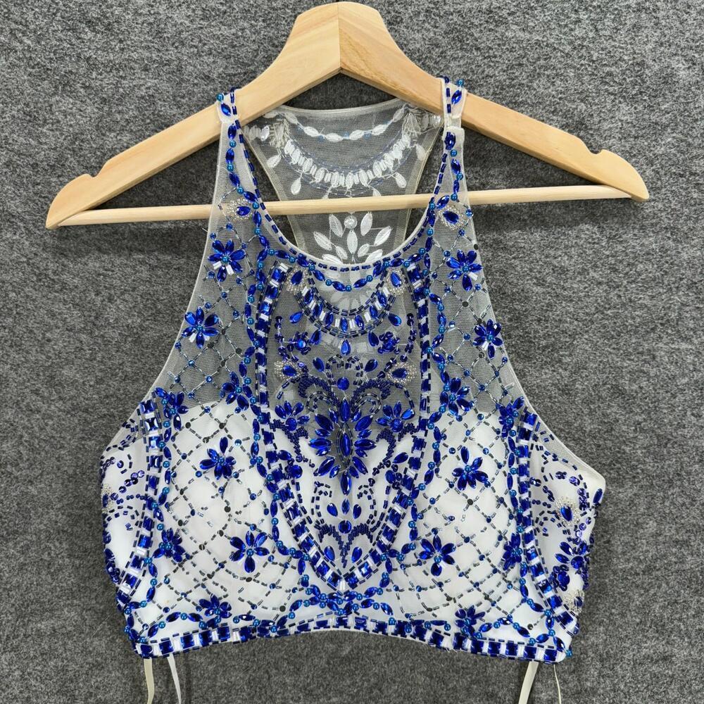 Splash Cropped Top Women 10 White Floral Rhinestone Sleeveless Wide Strap Casual